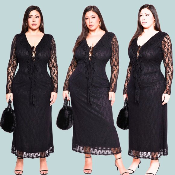 NEW NWT Curvy Plus 1X, 3X Black Lace Sexy Tie Bodice Maxi Dress Party Ready - Picture 1 of 8